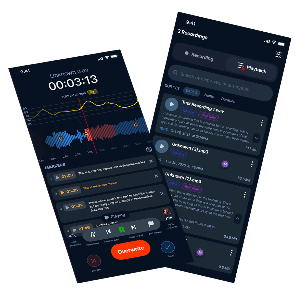 VivaTake Recorder on iPhone showing waveform editing, pitch analysis, markers, and the recordings library